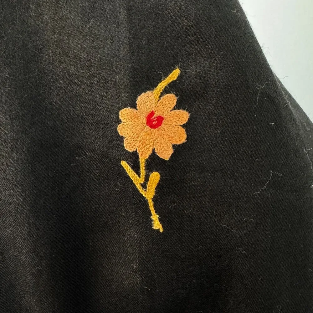 Black Wool Shawl with Floral Embroidery Stitching and Fringed Ends
